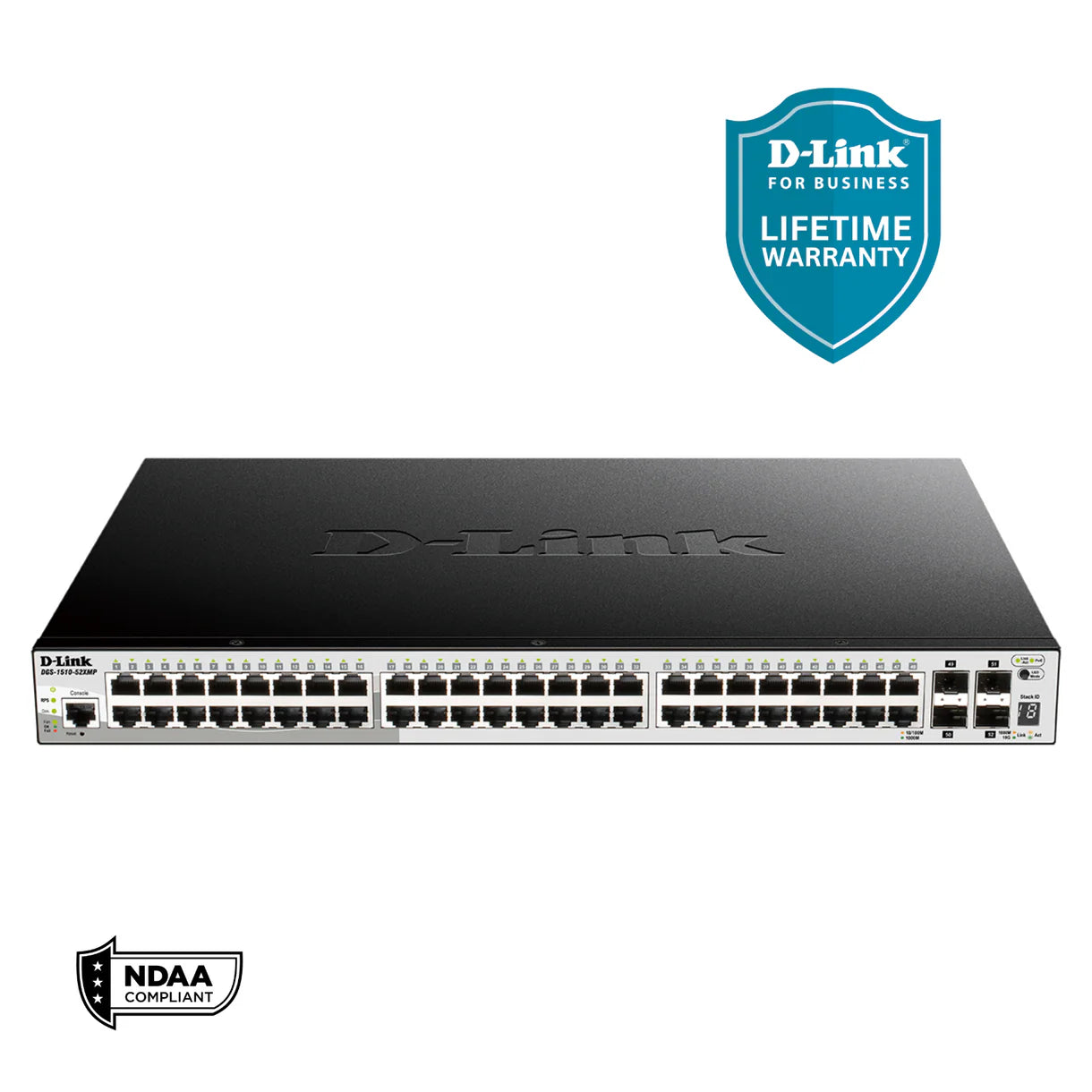 D-Link 52-Port Gigabit Stackable Smart Managed PoE+ Switch with 10G Uplinks | 48 PoE+ Ports (740W) + 4 10GbE SFP+ Ports| L3 Lite (DGS-1510-52XMP)