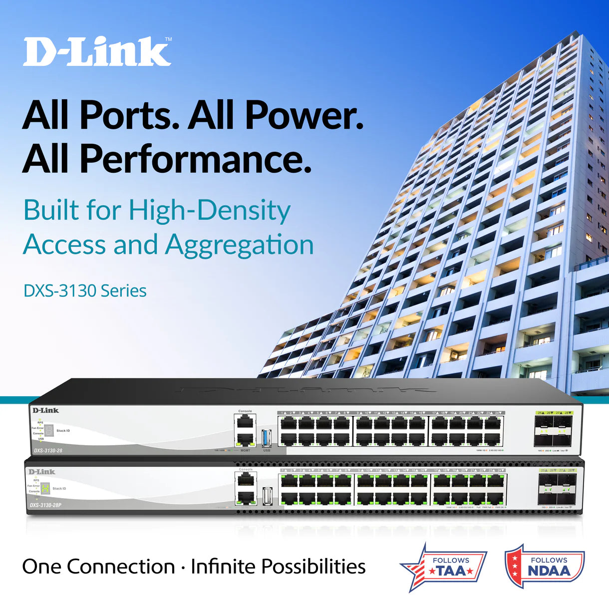 D-Link 28-Port 10GbE Multi-Gig PoE++ Layer 3 Stackable Managed Switch (DXS-3130-28P) | 24-Port 10GE PoE++ Ports, 4×25GbE SFP28 Uplinks, 790W (Up to 1440W), Redundant PSUs, Surge Protection, Rack-Mountable, Follows NDAA/TAA, Lifetime Warranty