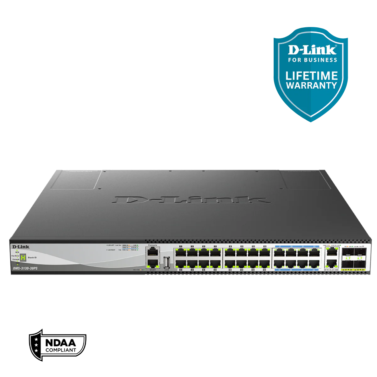 D-Link 30-Port Managed Multi-Gigabit PoE++ Stackable Switch with 25GbE Uplinks | 16 1G/2.5G Ports + 8 1/2.5/5/10G Ports + 4 10/25G SFP28 Uplinks | PoE++ (740W/960W) | L3 | Stacking | Optional D-View| NDAA Compliant - (DMS-3130-30PS)