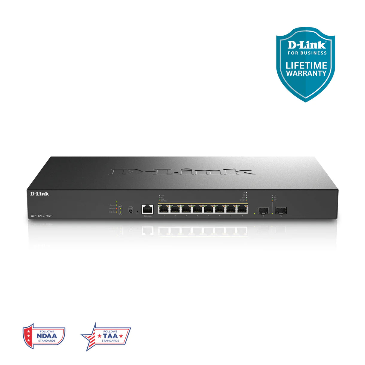 D-Link 10-Port 10GbE Multi-Gigabit PoE++ Layer 3 Lite Managed Switch (DXS-1210-10MP), 8x 10GbE PoE++ 370W, 2x 10GbE SFP+ Uplinks
