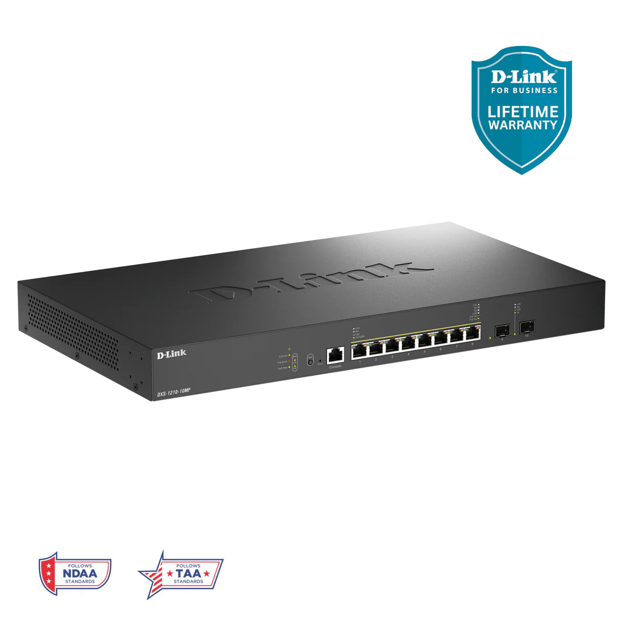 D-Link 10-Port 10GbE Multi-Gigabit PoE++ Layer 3 Lite Managed Switch (DXS-1210-10MP), 8x 10GbE PoE++ 370W, 2x 10GbE SFP+ Uplinks