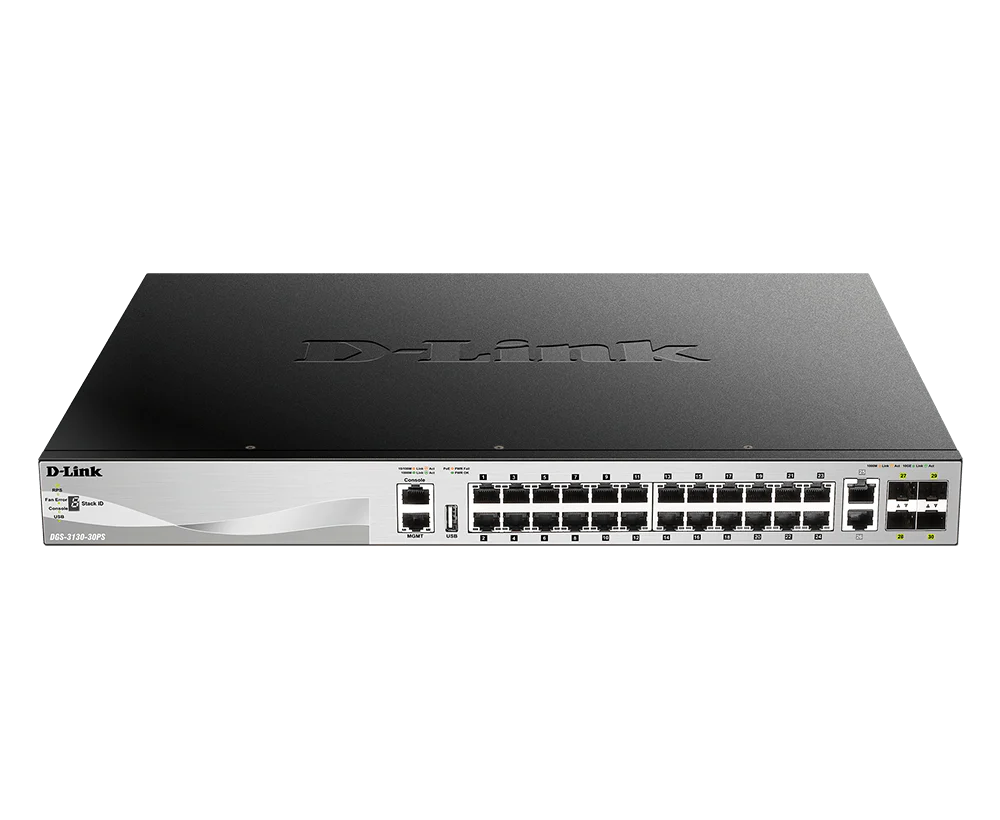 D-Link 30-Port Managed Stackable PoE+ Switch with 10GbE Ports| 24 PoE+ Ports (370W/740W) + 2 10GbE Copper Ports + 4 10G SFP+ Ports| L3 (DGS-3130-30PS)